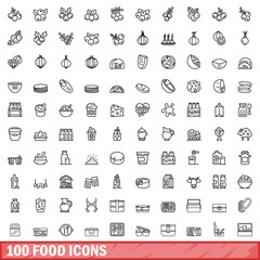 100 food icons set. Outline illustration of 100 food icons vector set isolated on white background