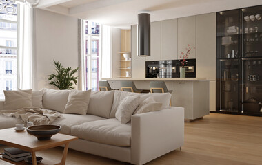 Modern interior of white kitchen with living room. 3d render