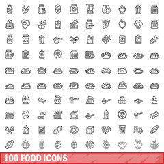100 food icons set. Outline illustration of 100 food icons vector set isolated on white background