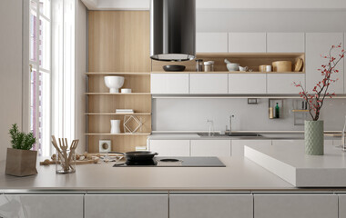 Fototapeta na wymiar Modern interior of white kitchen with living room. 3d render