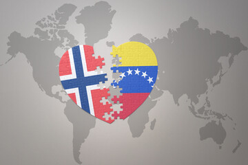 puzzle heart with the national flag of norway and venezuela on a world map background. Concept.