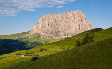 Fototapeta premium Mountains above Val Gardena mountain pass in the Dolomites