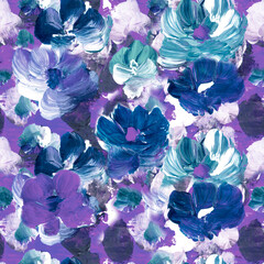Seamless pattern abstract violet and blue flowers, art painting, creative hand painted background, brush texture, acrylic painting. - 508084177