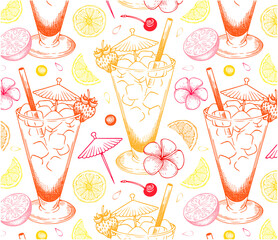 Sketch drawing pattern of Tequila Sunrise cocktail isolated on white background. Bar menu wallpaper. Hand drawn alcohol drink with orange juice, grenadine, cherry, strawberry. Vector illustration. - 508084529
