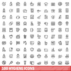 Obraz na płótnie Canvas 100 hygiene icons set. Outline illustration of 100 hygiene icons vector set isolated on white background