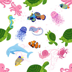 Marine life, fish, animals bright seamless pattern. sea travel, underwater diving animal tropical fish. Jellyfish, whale, shark, seahorse, clown fish, dolphin, turtle, emperor