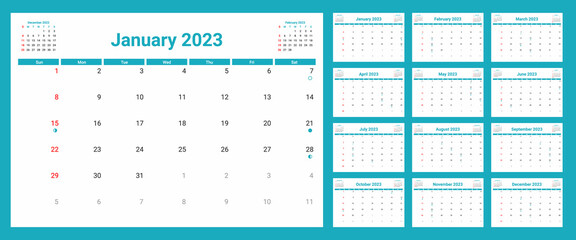 2023 calendar template with moon phases. Week starts on sunday. Wall calender in a minimalist style. Monthly cycle planner. Horizontal grid. Agenda organizer. Vector illustration