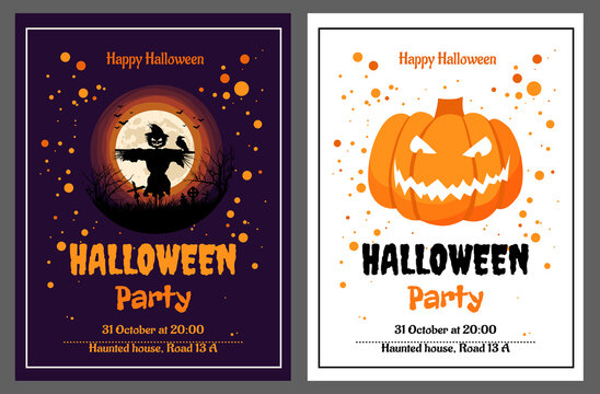 set of halloween invitation on party with pumpkin and  scarecrow