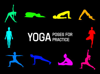 Activity inspiration fill summer vacation time with yoga practice silhouette collection of people doing yoga practice. colored icons of people in many yoga poses isolated on black background