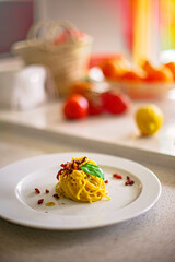 Classic Italian Homemade Pasta carbonara with Bacon, eggs, Parmesan Cheese and basil