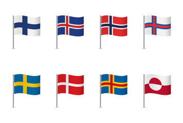 Nordic Council countries and territories flags. Finland, Iceland, Norway, Faroe Islands, Sweden, Denmark,  Aland Islands, and Greenland. Vector icon set. 