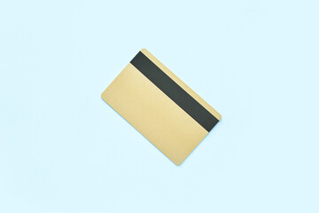 Plastic credit card mockup. Color blue and gold background. Atm empty debit payment. Currency shopping with stripe