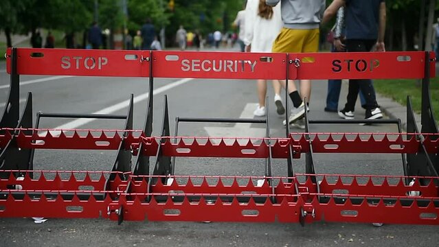 Security mobile vehicle barrier is seen on a pedestrian street