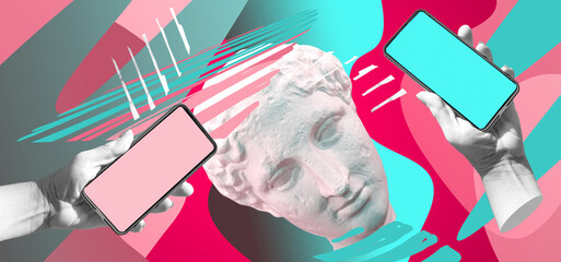 Fashion design in magazine and pop art style. Statue holding modern blank frameless screen smartphone in a palm.