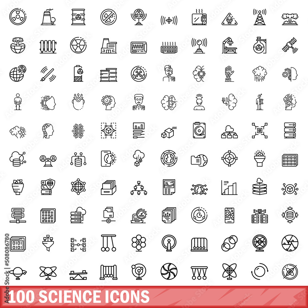 Sticker 100 science icons set. outline illustration of 100 science icons vector set isolated on white backgr - Stickers