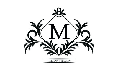 Vintage elegant logo with the letter M in the center. Black ornament on a white background. Business sign template, identity monogram for restaurant, boutique, heraldry, jewelry