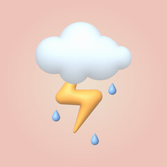 3d cartoon style weather icon cloud with thunderstorm and rain. Vector