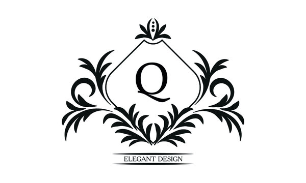 Vintage elegant logo with the letter Q in the center. Black ornament on a white background. Business sign template, identity monogram for restaurant, boutique, heraldry, jewelry