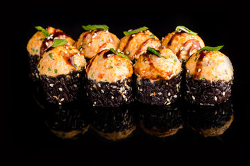 Sushi, rolls, sushi on a black background, mussels