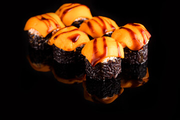 Sushi, rolls, sushi on a black background, mussels