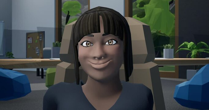 Female using her metaverse avatar for video conference call with her colleagues. 3D rendering