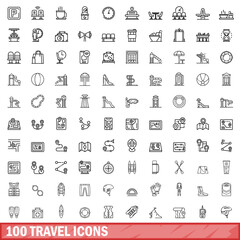 100 travel icons set. Outline illustration of 100 travel icons vector set isolated on white background