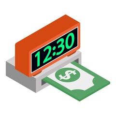 Money time icon isometric vector. Modern electronic clock and dollar bill icon. Time, finance, money, income