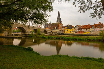 Fototapeta na wymiar stony bridge and danube river in Regensburg