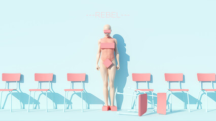 Unique Rebel Woman Avant-Garde Fashion In Pastel Salmon Pink with Pale Blue Background Wall Chairs Eccentric Artwork Futuristic Rebellion 3d illustration render