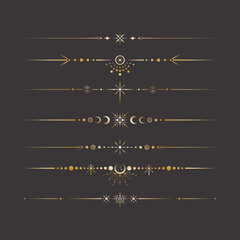Vector celestial golden border set with stars, moon phases, crescents and dots. Collection of ornate shiny magical isolated clipart for mystic decoration - obrazy, fototapety, plakaty