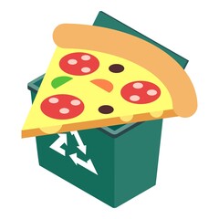 Waste icon isometric vector. Triangular piece of pizza with sausage in trash can. Household waste, sorting and recycle garbage, ecology concept