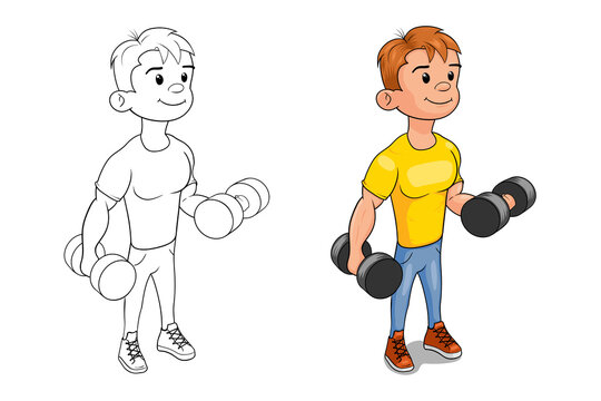 dumbbell; sport; vector; fitness; exercise; gym; illustration; man; male; healthy; training; character; workout; cartoon; weight; lifestyle; athlete; fit; active; young; health; person; strong; body; 