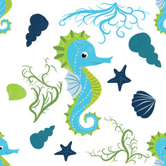 Cute seahorses cartoon seamless pattern. Hand drawn ocean animals. Nautical beach, Sea life fun underwater