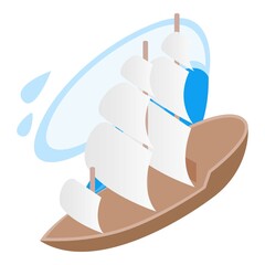 Sailing ship icon isometric vector. Old sea ship with white sail and ocean wave. Historical exposition, retro water transport, brigantine
