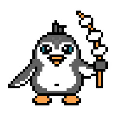 Fototapeta premium Penguin with marshmallows on a stick, pixel art animal character isolated on white background. Old school retro 80's-90's 8 bit slot machine, computer, video game graphics. Cartoon camping mascot.