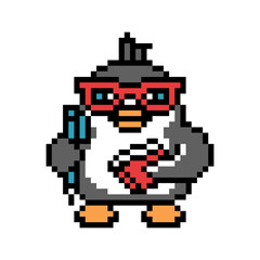 Obraz premium Smart nerdy school student penguin wearing glasses holding pen and notebook, pixel art bird character isolated on white background. Old school retro 80's-90's 8 bit slot machine, video game graphics.