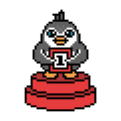 Penguin with a first place award diploma on a winner's pedestal, pixel art animal character on white background. Old school retro 80's, 90's 8 bit slot machine, video game graphics. Champion mascot.