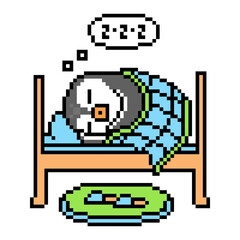 Obraz premium Penguin sleeping in bed at night, cute pixel art animal character isolated on white background. Old school retro 80's, 90's 8 bit slot machine, computer, video game graphics. Cartoon bedroom mascot.