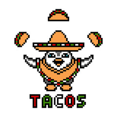 Penguin in sombrero hat and poncho juggling tacos, pixel art animal character on white. 8 bit slot machine, video game graphics. Cartoon circus performer symbol. Mexican food mascot. Taqueria logo.
