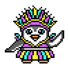 Penguin in brazilian carnival costume, cute pixel art animal character isolated on white background. Old school retro 80's, 90's 8 bit slot machine, video game graphics. Cartoon festival parademascot.