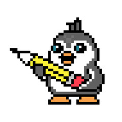 Fototapeta premium Penguin with a big graphite pencil, pixel art animal character isolated on white background. Old school retro 80's, 90's 8 bit slot machine, video game graphics. Cartoon drawing school class mascot.