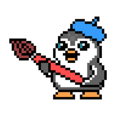 Fototapeta premium Penguin artist in a beret with a big paintbrush, pixel art animal character isolated on white background. Old school retro 80's, 90's 8 bit slot machine, video game graphics. Cartoon art class mascot.