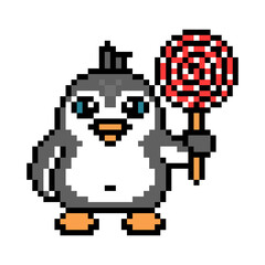Penguin with a big swirl lollipop on a stick, cute pixel art animal character isolated on white background. Old school retro 80s-90s 8 bit slot machine, video game graphics. Cartoon candy shop mascot.