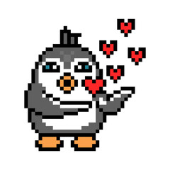 Fototapeta premium Penguin in love blowing an air kiss, pixel art animal character isolated on white background. Vintage retro 80's-90's 8 bit slot machine, video game graphics. Romantic Valentine's day cartoon mascot.