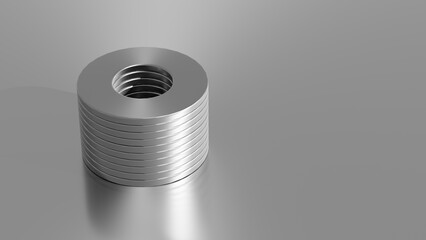 Hardware concept. Stack of washers. Shiny metal washers on a metal surface. Abstract industrial minimalistic background. 3d illustration