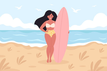 Woman with surfboard on the beach. Summer activity, summertime, surfing. Hello summer. Summer Vacation. Hand drawn vector illustration