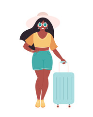 Black woman tourist with travel bag or luggage. Summer vacation, summer traveling, summertime. Hand drawn vector illustration