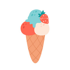 Ice cream scoops in waffle cone with different flavors, toppings and strawberry. Summertime, hello summer. Hand drawn vector illustration