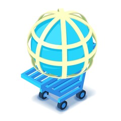 Global marketing icon isometric vector. Globe grid in blue shopping cart icon. International trading, ecommerce, business, globalization