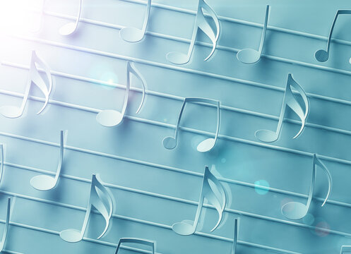 Elegante diseño de fondos musicales. Escritura musical. Ilustración 3d de notas musicales y signos musicales de la partitura .Canciones y concepto de melodía.